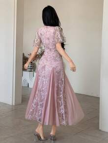 DAZY Vestido midi elegante de mujer con cuello en V, manga corta, bordado, plisado y volante en el bajo, vestido de invitada de boda, vestido de verano - Rosa Pálido - Ver 3