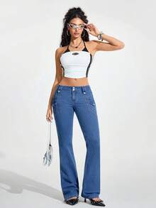 Jeanoix Women's Casual Versatile Flare Jeans With Pockets - Blue - View 7