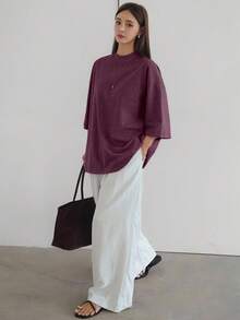 Livesso 春夏寬鬆商務休閒時尚辦公穿搭街頭風女款短袖T恤 - 中紫紅色 - 查看 3