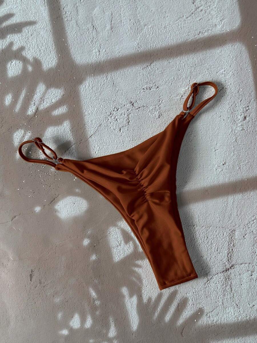 Swim Chiccia 1 chiếc quần bikini dây mảnh màu trơn dành cho nữ, thiết kế tối giản. - Rỉ Nâu - Xem 1