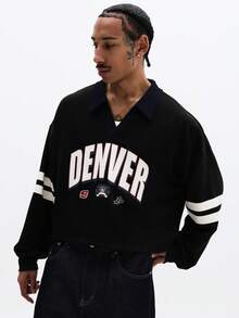 SUMWON Crop Fit Denver Varsity Style Long Sleeve Polo Shirt With Front Logo Chest Print Collared Casual Streetwear Top - Black - View 4