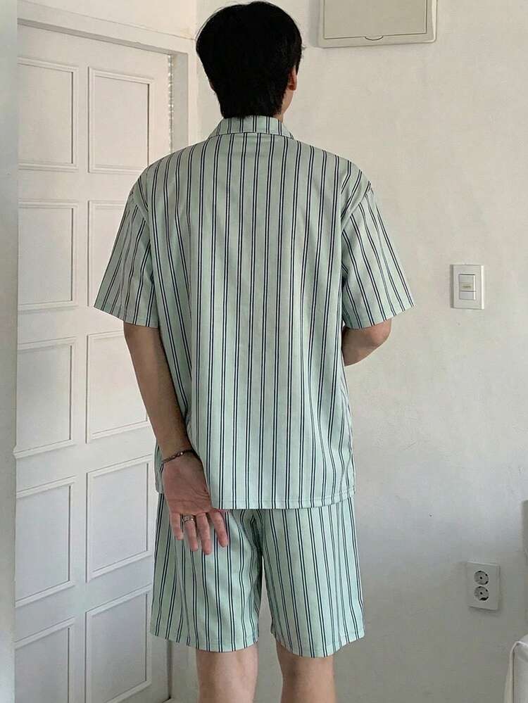 Summer Multi-Color Striped Short Sleeve Shirt And Shorts Men Pajama Set