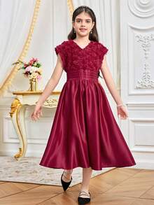 SHEIN Tween Girls Elegant Fitted Cute Retro Palace V-Neck Short Sleeve Mid-Length Dress - Red - View 4
