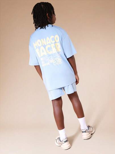 SUMWON Tween Boys Light Blue Graphic T-Shirt And Shorts Coord Set With Monaco Racer Print Crew Neck Short Sleeve Summer Casual Two Piece Outfit