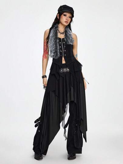 Grunge Punk Top femme à design dos nu, col en fourrure amovible, patchwork de mailles et style nautique punk