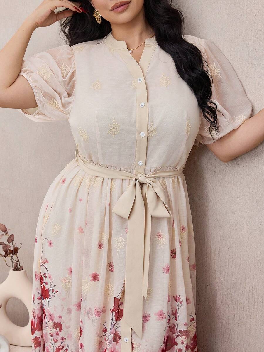Modelyn 大码短袖浪漫印花优雅休闲A字双层连衣裙 - 杏色 - 查看 1