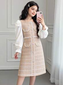 Sparklyn 青少女對比色斜紋蓬袖連衣裙 - 米色 - 查看 1