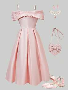 Tween Girls' Light Pink Summer Elegant Wedding Satin Bow Off-Shoulder Embroidered Applique Spaghetti Strap Pleated Midi Dress For Birthday Party - Pink - View 5