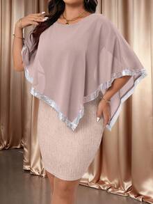 Cravure 大码圆领亮片雪纺拼接串珠缎带披肩罩衫，柔软提花纹理面料，二合一优雅时尚派对礼服 - 杏色 - 查看 4