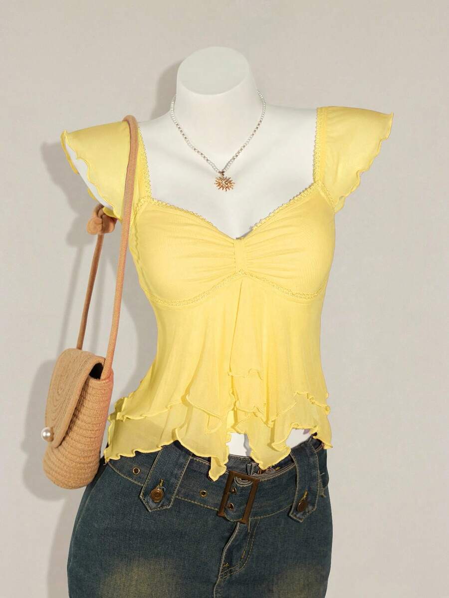 SHEIN ICON Áo tank top nữ dáng ôm, xếp ly phía trước, phối lưới, tay ngắn, hở lưng, thích hợp mặc đi nghỉ mát. - Vàng nhạt - Xem 1