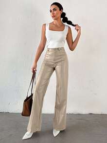 EURMUSE Women'S Straight Pu Leather Pants - Beige - View 5
