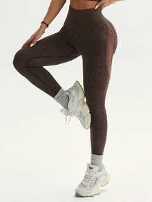 女士豹纹高腰休闲健身紧身裤 - 棕色 - 查看 3