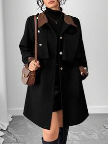 Elenzga Áo khoác len pha trộn màu sắc tay dài thường ngày cỡ lớn dành cho nữ, mùa thu/đông - màu đen - Xem 5