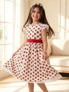 SHEIN Gaun Kasual Lengan Pendek Leher Bulat Motif Bunga Tenun Warna Blok untuk Anak Perempuan Remaja - Aprikot - View 5