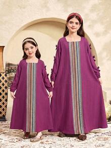 SHEIN 少女纯色拼接条纹方领蝴蝶结装饰长袖宽松A字连衣裙，适合旅行、度假、乡村风、休闲度假、波西米亚风，可与姐妹和女儿搭配穿着。 - 彩色 - 查看 7