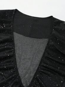 GlowEve 女士荷叶边系带喇叭袖薄纱优雅派对休闲通勤时尚法式百搭假日商务黑色轻薄长袖开衫，早春/春夏