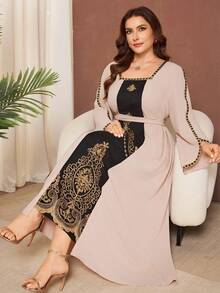 Al Najma Plus Size Women's Elegant Embroidered Patchwork Long Loose Dress, Suitable For Spring And Autumn - Apricot - View 3