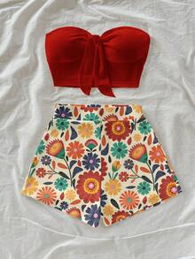 Soleia Casual Minimalist Colorful Floral Geometric All-Over Print Pants Matching Deep Red Bandeau Top 2-Piece Set, Suitable For Spring/Summer Vacation Spring - Multicolor - View 5