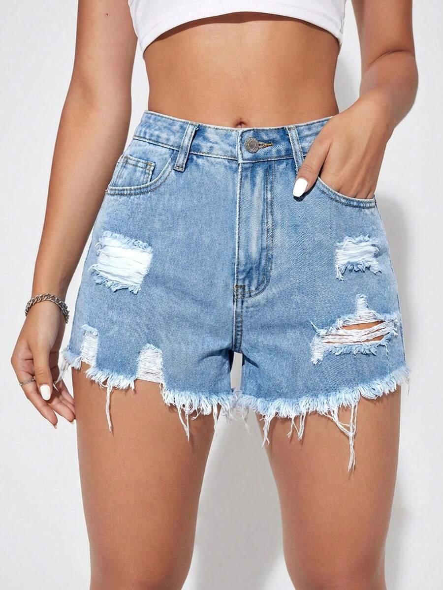 SHEIN Essnce Light Blue Frayed Hem Pockets Belted Casual Versatile Summer Denim Shorts - Light Wash - View 1