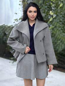 Durrani Popal 女纯色落肩长袖双排扣休闲大衣女双扣休闲羊毛混纺外套秋冬高腰宽袖外套 - 灰色 - 查看 6