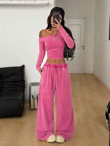 Coolane Spring Clothes Women Daily Wear Essentials Knit Stretchy Comfy Asymmetrical Rose Red Neck Long Sleeve Tops And Wide Leg Sweatpants Tracksuit Two Pieces Outfits - Hot Pink - View 5