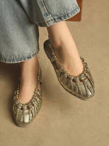 Rosivie Giày sandal đế bằng nữ, quai đan màu vàng, mũi kín. - Màu vàng nhạt - Xem 6