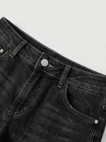 ROMWE Avant Pantaloni scurți din denim pentru femei, mărime plus, cu model vintage Y2K, brodați cu craniu și aripi - Negru - Vizualizare 3