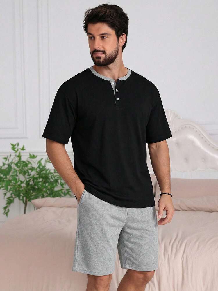 Summer Solid Color Short Sleeve T-Shirt Paired With Short Men's Pajama Set