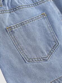 Girlism Tween Girl Spring Summer Elegant Light Washed Distressed Boho White Bowknot Blue Denim Skirt With Pocket Insert, Faux Pearl, And Frayed Hem, For Dailywear Spring Summer And Back To School - Light Wash - View 5