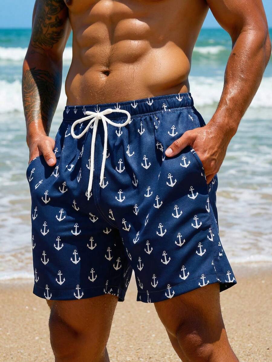 Manfinity Swimmode Men's Casual Printed Beach Shorts Suitable For Holidays, Versatile Men Beachwear Navy Blue Swim Trunks Swim Trunks With Anchor Print Men Swim Trunks Men Beach Shorts Mens Beachwear Anchor Print Swim Shorts Mens Swim Trunks Anchor Print Swim Trunks - Multicolor - View 1