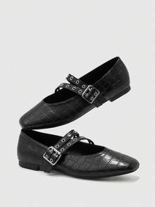 CUCCOO BIZCHIC Quadratische Zehenkappe Vintage Nieten Schnallen Mary Jane Schuhe, Damen Flache Ballett Schuhe mit niedrigem Rist und verstecktem Keilabsatz - Schwarz - Übersicht 10