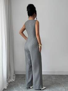 Rafferiza 法式浪漫无袖高腰带光滑面料金属扣装饰阔腿直筒女式连体裤女士夏季服装女士办公服装外出服装喇叭连体裤无袖连体裤裤装女士优雅连体裤女士连体裤 - 灰色 - 查看 3