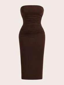 SHEIN EZwear 女士多色褶皱修身针织筒裙 - 粉色 - 查看 6