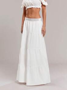 SHEIN ICON Women's Vacation Waist Contrast Lace Ruffled Hem Fashionable A-Line Skirt - White - View 3