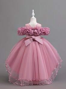 Glamorique Kids 女童粉色单肩连衣裙，饰有荷叶边和闪亮细节，高端儿童公主风，蓬蓬裙摆，前短后长设计，适合在钢琴表演、生日派对和时装秀上担任花童角色。 - 乾枯玫瑰色 - 查看 2