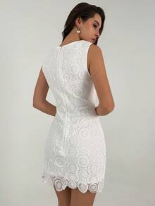 RiviMae Chic Sleeveless Pencil Mini Dress White Embroidery Round Neck For Women - White - View 3