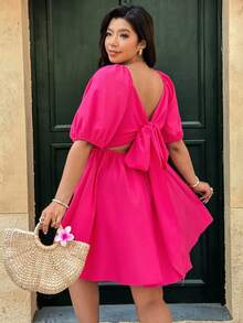 Ceyna 大码露背系带休闲派对连衣裙，春夏女装连衣裙，女士夏季连衣裙，两件套连衣裙，惊艳连衣裙，带袖夏季连衣裙，度假装，女士度假连衣裙，女士连衣裙，亮粉色短款连衣裙，蝴蝶结连衣裙，女士最新款连衣裙 - 玫紅色 - 查看 3