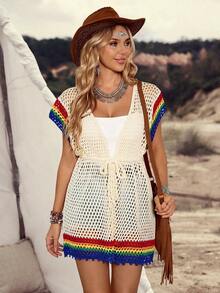 SHEIN LilyWest 女士波西米亚彩虹钩针系带镂空针织开衫，度假风 - 杏色 - 查看 3