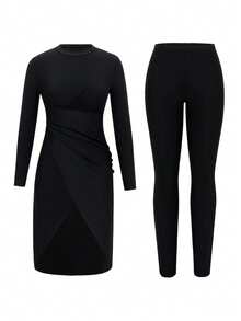 Swim Mulvari 2pcs Women's New Spring/Summer High Neck Long Sleeve High Slit Ruffle Top And Long Pants Swimsuit, Middle East Beach Cruise Vacation Swimwear, Sun Protection Casual Beach - Black - View 7