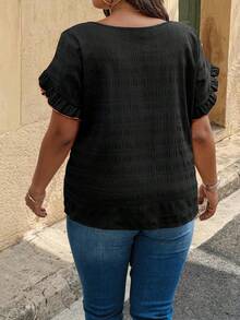 SHEIN LUNE Black Plus-Size Blouse - Crew Neck, Ruffled Puff Sleeves, Contrast Trim & Textured Fabric, Fashionable Casual Spring & Summer Shirt - Black - View 2