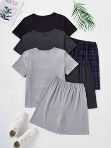 3件套青少年男童简约字母印花短袖T恤+短裤睡衣套装，黑+白+灰 - 彩色 - 查看 2