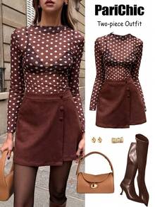 Chiquease Bộ đồ hai mảnh thời trang thanh lịch dành cho nữ, áo lưới chấm bi dệt kim màu cà phê và quần short cà phê da lộn, quần short có túi và nút trang trí ở cả hai bên, quần áo mùa đông dành cho nữ, bộ đồ mùa đông dành cho nữ, quần áo thu đông ấm áp dành cho nữ, quần áo mùa thu đông dành cho nữ, quần áo giáng sinh mùa thu đông dành cho nữ, quần áo năm mới cho bộ đồ thanh lịch dành cho nữ - Nhiều màu - Xem 3