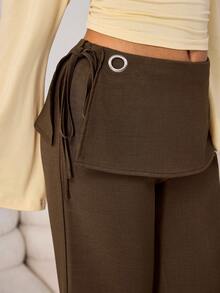 Aidyla 女士街头时尚休闲通勤侧打结二合一阔腿裤 - 咖啡棕 - 查看 3