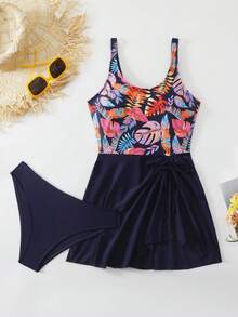 Swim Lushoire 2026 Women Summer Beach Holiday Navy Blue Tropical Random Print Dress Style Mature Fashion Camisole Strap Bikini With Bottom Swimsuit Set - Multicolor - View 3