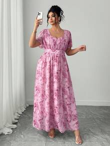 SHEIN Elenzya Đầm xòe cổ chữ V thanh lịch dành cho nữ cỡ lớn, thích hợp cho ngày Valentine. - Hồng - Xem 3