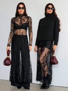 SHEIN Tall 2025 Thích hợp cho nhiệt độ 5-15°C, Có thể mặc nhiều lớp, Phong cách đô thị hiện đại, Vải ren đen, Dáng ôm eo, Đầm dài nữ, Thanh lịch & Đa năng cho trang phục hàng ngày, Đầm dự tiệc mùa xuân hè mới, Trang phục ren xuyên thấu cho nữ - màu đen - Xem 2