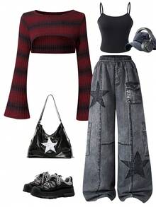 3pcs/Set Teenage Girls Ombre Striped Flare Sleeve Cover Up, Solid Color Camisole, And Distressed Star Print Wide Leg Jeans Pants, Retro Chic Street Style - Burgundy - View 1