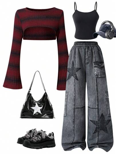 3pcs/Set Teenage Girls Ombre Striped Flare Sleeve Cover Up, Solid Color Camisole, And Distressed Star Print Wide Leg Jeans Pants, Retro Chic Street Style