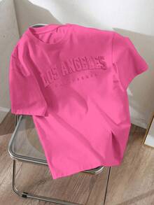 SHEIN EZwear 女士宽松休闲极简风英文压纹图案圆领短袖T恤 - 粉色 - 查看 2