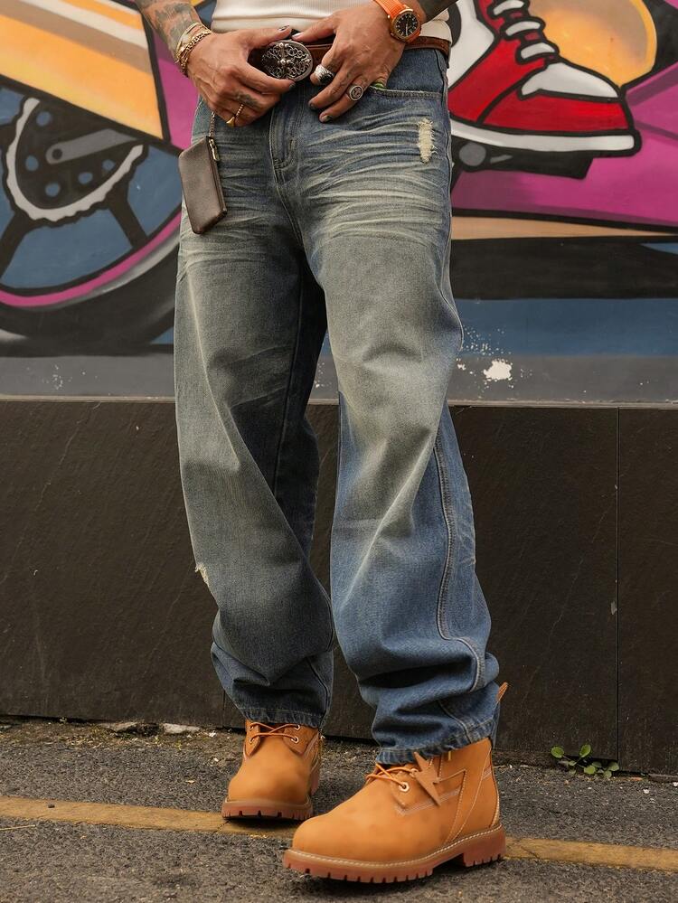 Men's Distressed Washed Pocket Wide Leg Loose Fit Jeans, Spring/Autumn